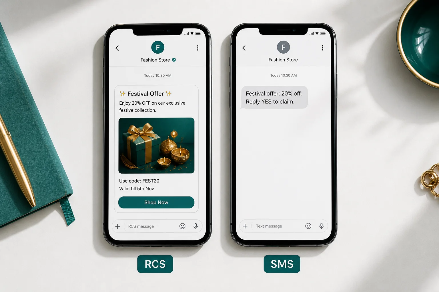 RCS rich message vs plain SMS fallback on two phones